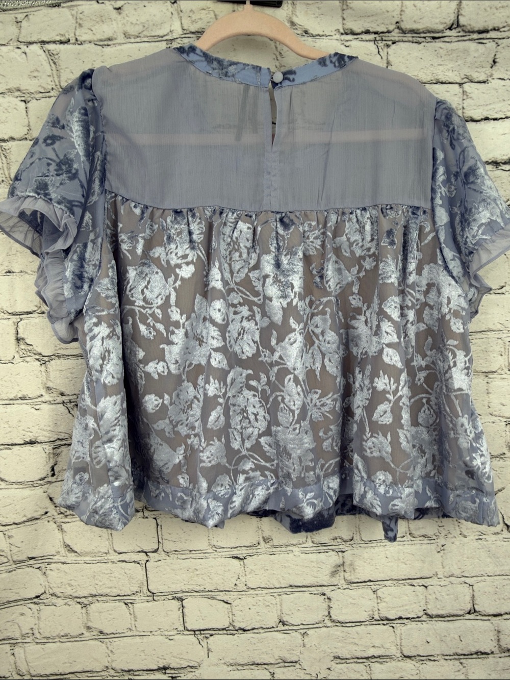 Anthropologie Velvet Burnout Lace-Trim Floral Peplum Top - Evening Haze - XL - Picture 5 of 8
